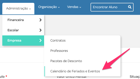menu para acessar calendários de eventos e feriados